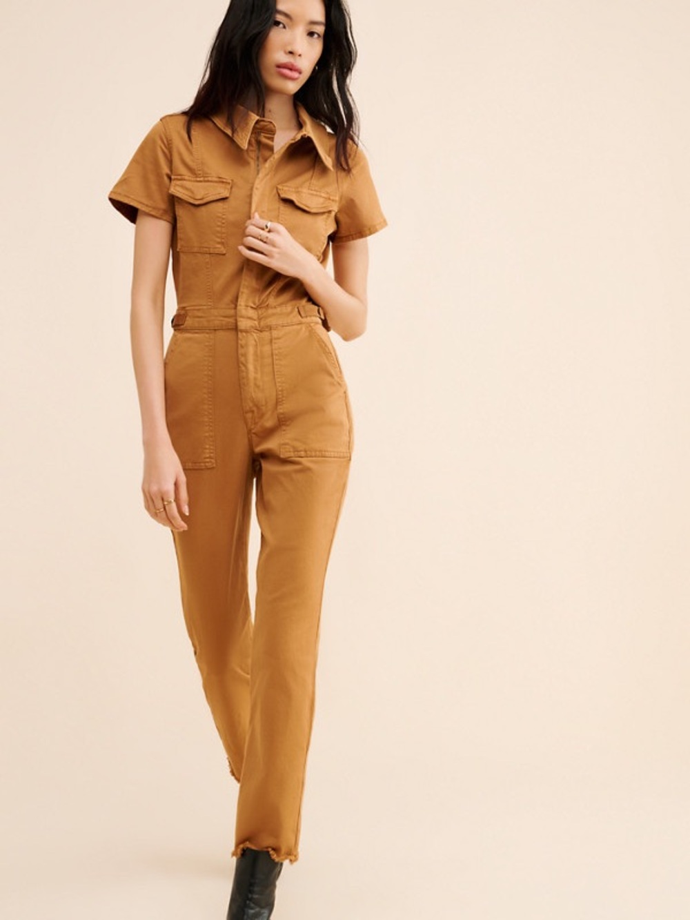 Good American distressed Camel Short-Sleeve Utility Jumpsuit